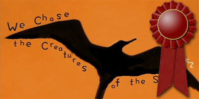 Screenshot of Podcast Logo: We Chase the Creatures of the Sky by Sandra Kinzer with red ribbon to indicate an honorable mention award