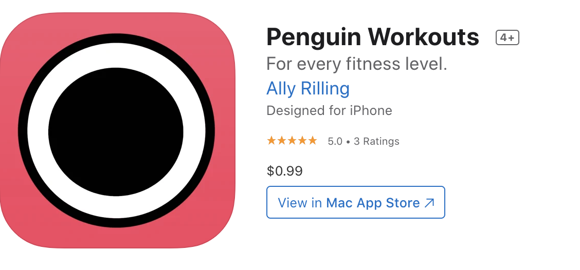 A screenshot of the header thumbnail of the Penguin Workouts App. It is two concentric circles, first black and then white against a coral pink background.