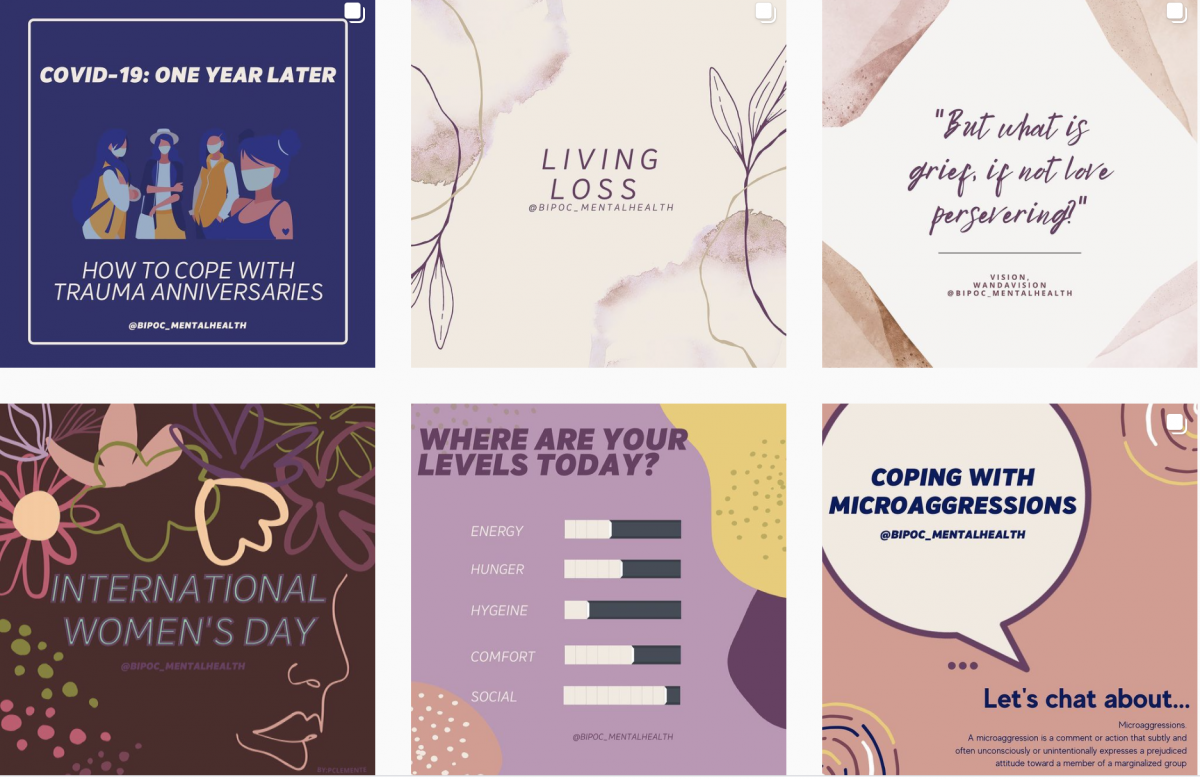 Six instagram posts in muted blues, purples, pinks, and browns