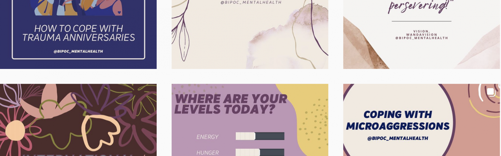 Six instagram posts in muted blues, purples, pinks, and browns