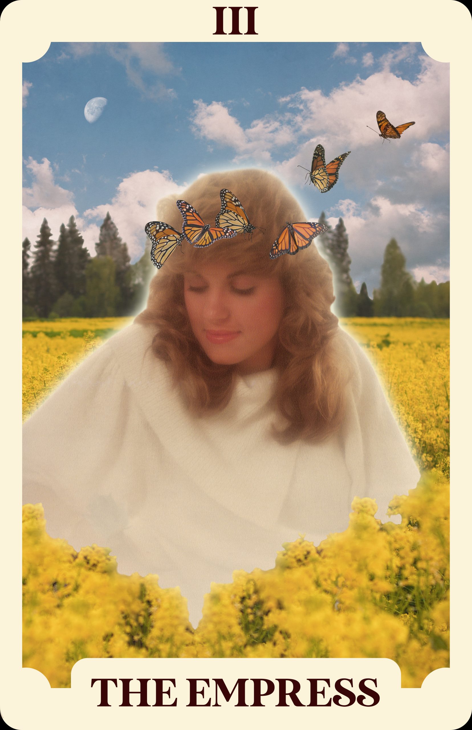 A tarot card with an image of a woman among flowers with butterflies near her head