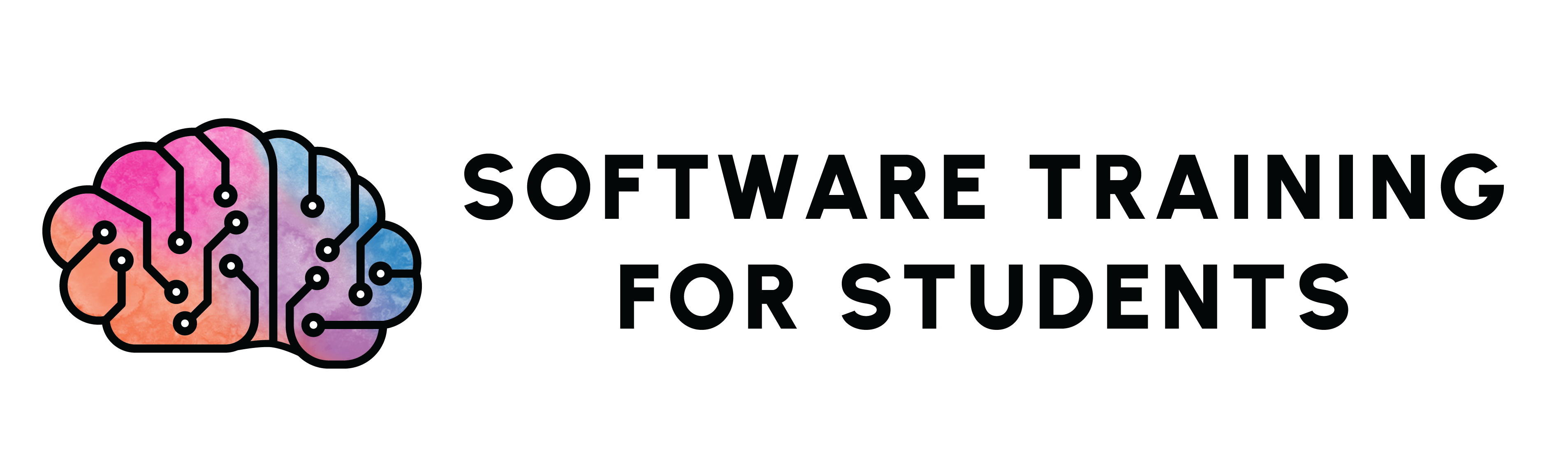 Software Training for Students Logo. An orange, pink, purple, and blue watercolor brain with round white nodes like a computer processor.