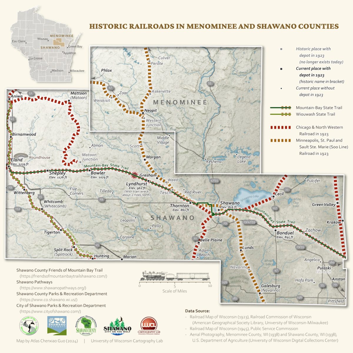 A screenshot of the Historical Railroads in Menominee and Shawano Counties, WI Map by Atlas Guo