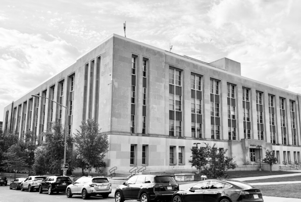 A greyscale photo of the northwest corner of Memorial Library