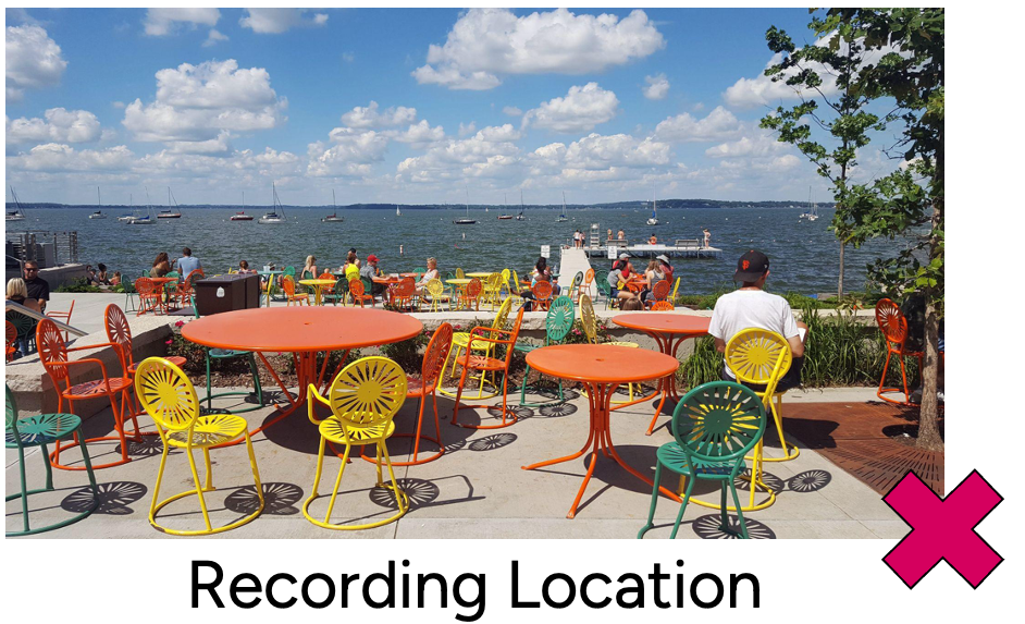 Photo of the Terrace at Memorial Union on the UW-Madison campus. The label "recoding location" is below and a pink "X" is in the corner.