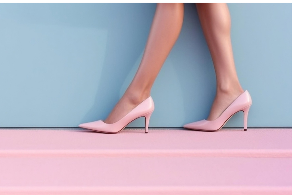 A person mid-stride with pink high heels on a hard surface.